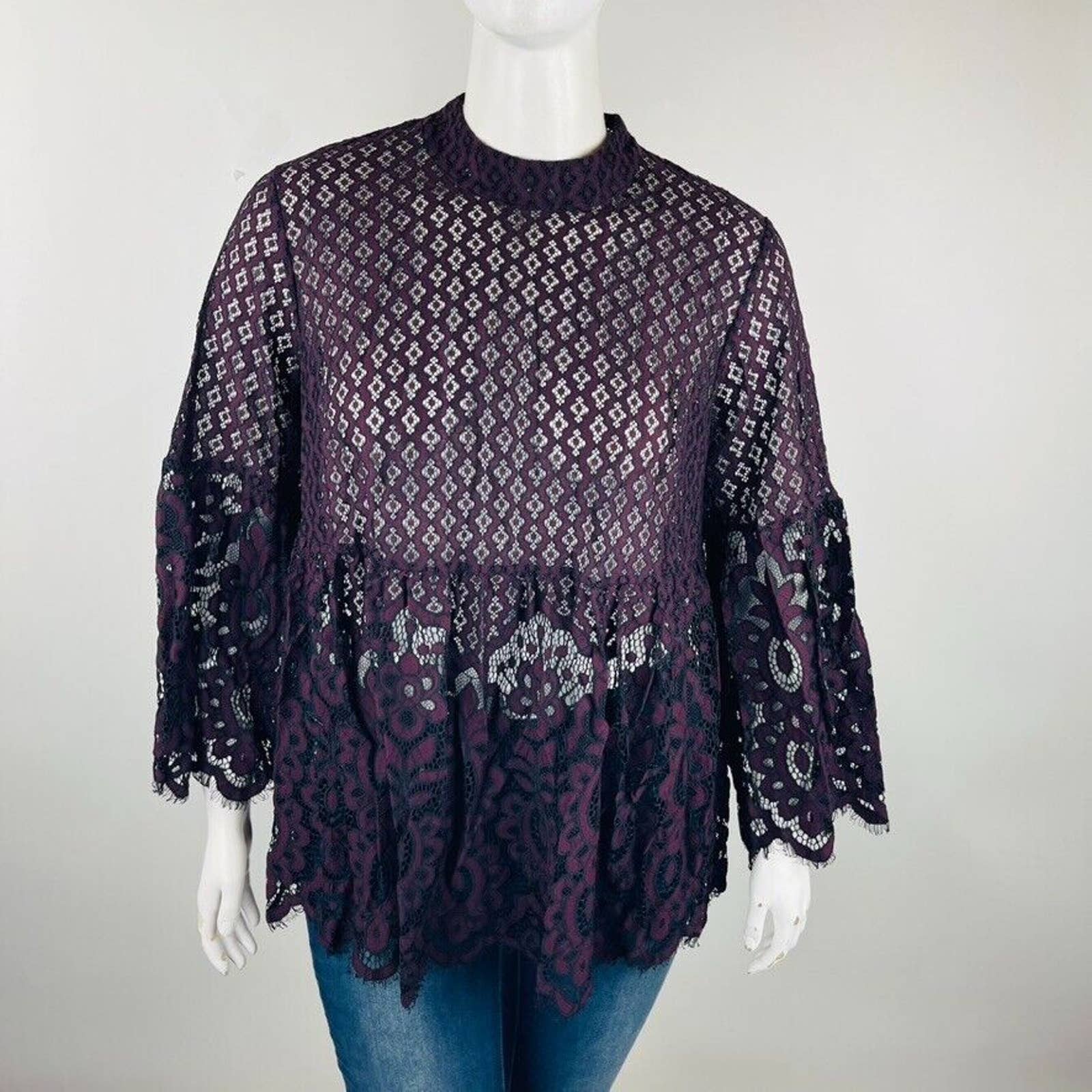 Lane Bryant Womans Sz 18 Plus Blouse Top Floral Maroon Black Floral Lace — image 2 of 8